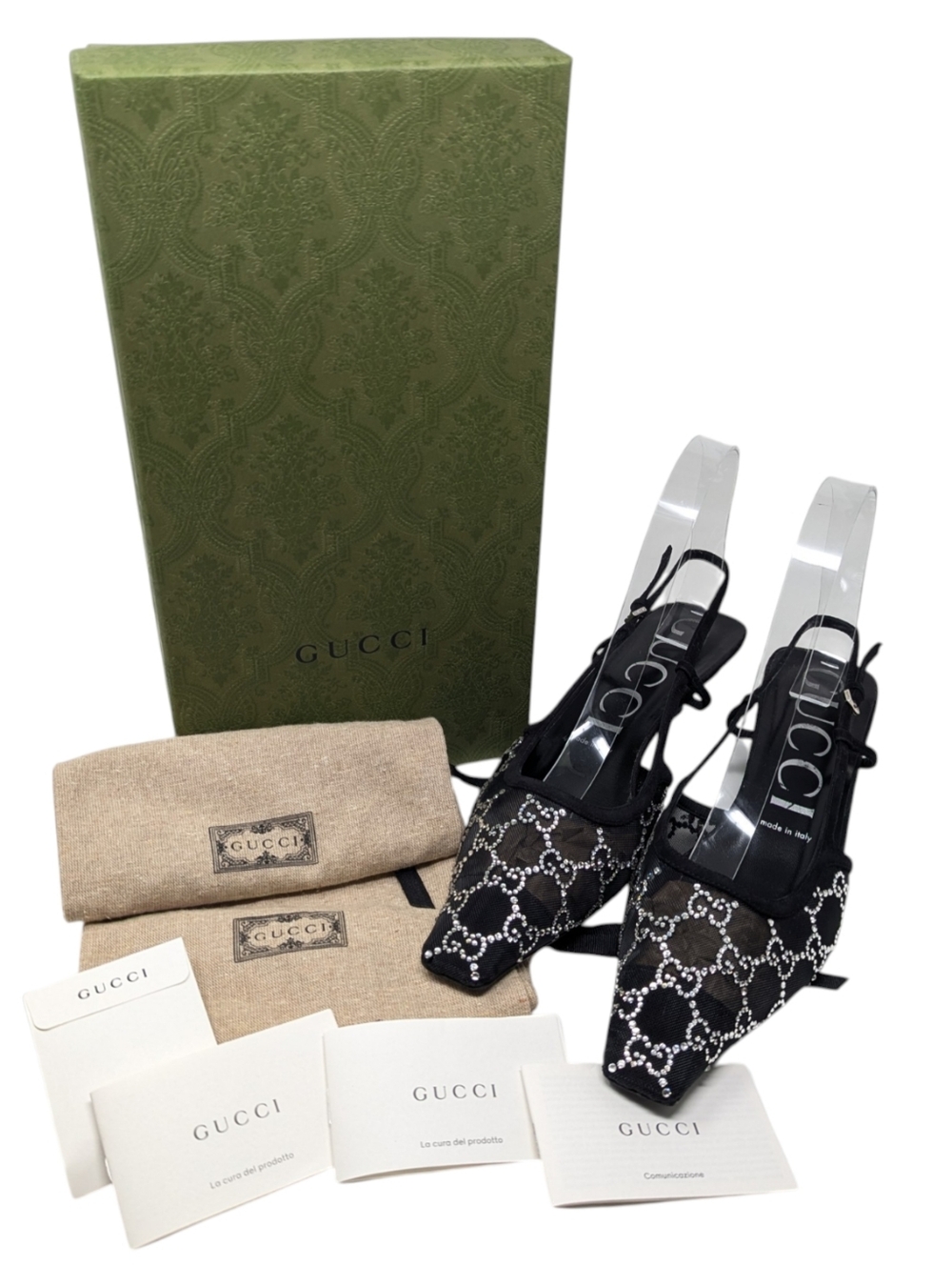 Gucci Tom Ford Aria Crystal GG Monogram Slingback Black Kitten Heel Size EU 39.5